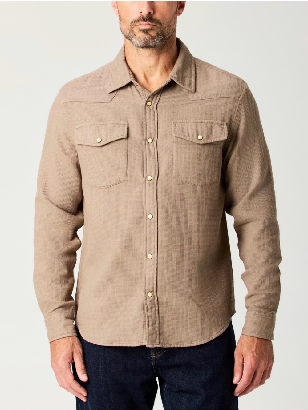 Flint And Tinder Men Medium Taupe Double Cloth Cotton Western Shirt Button Snaps